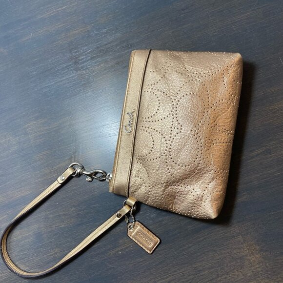 Coach Metallic Gold Leather Wristlet – Perforated Design – Silver Hardware - Picture 3 of 10
